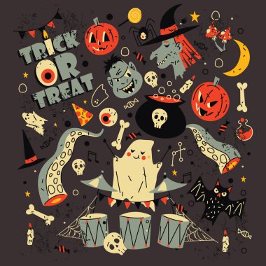 Vektör pankartı ya da cadılar bayramı arkaplanı. Balkabağı ve hayalet davul çalarken afiş, cadı. Kötülük ve gizem, sonbahar ya da Ekim kutlamaları için toplanıyor. Tatil partisi, şenlikli.