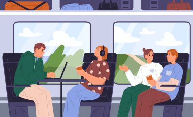 İnsanlarla tren yolculuğunun vektör çizimi. Karakter taşımacılığıyla düz çizgi film zirvesi. Demiryolu turizmi ya da demiryolu seyahati. Kadın ve erkekle bir araba. Toplu taşıma