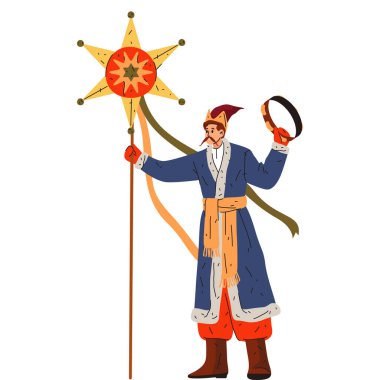 Geleneksel Noel veya yeni yıl kutlaması için vektör illüstrasyonu. Köle adam ve Slav yıldızlı bir kart, Noel arifesi için, koliada bayramı. Kış festivali görüntüsü. Noel festivali. Doğum