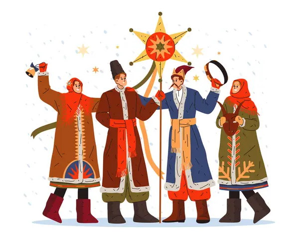 Slaven Kerstavond Traditioneel Slavisch Nieuwjaarsfeest Vector Man Met Ster Vrouw Vectorbeelden
