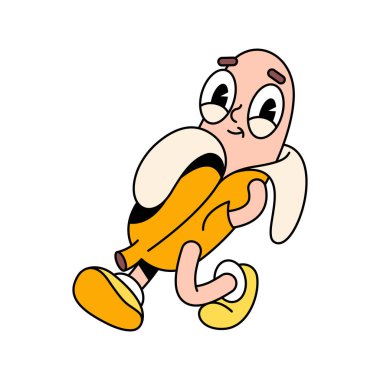 Retro tarzı pop sanatının muz karakteri. Yürüyen ve gülümseyen gözlü tropik meyve rozeti ya da vektör yaması. Bacakları olan komik ya da komik bir popart karakter. Yüzü veya emojisi olan yemek maskotu. Klasik tasarım.