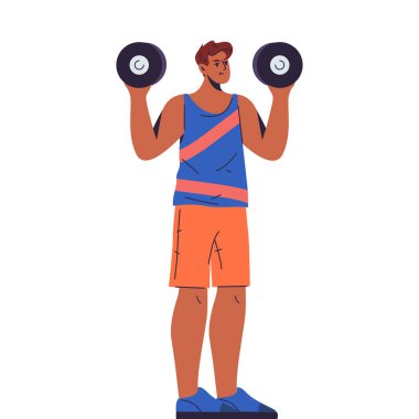 Dambılla kol egzersizi yapan izole bir vektör. Halter kaldıran ya da vücut geliştiren aktif karakterin düz bir parçası. Halter kaldırma ile erkek sporu ya da atletik aktivite. Fitness eğitimi