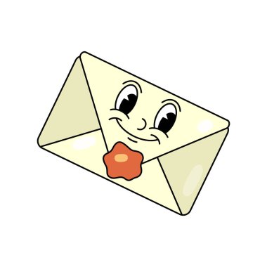 Gülen zarf, üzerinde görsel pop sanat ikonu var. Yeni yıl için grafiksel ve mutlu Noel tebrik posteri ya da kart. Kış tatili için karikatür mektubu imzalayın. Festival için geçmişe dönük tasarım ve komik karakter