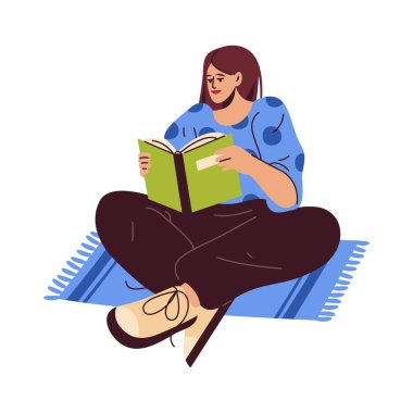 Kitap okuyan kadın halıya oturur. Kadın okuyucuyu edebiyatla izole eden vektör. Ders kitabı okuyan, ders çalışan, evde öğrenen bir kız. Hobi ya da aktivite oku. Eğitim