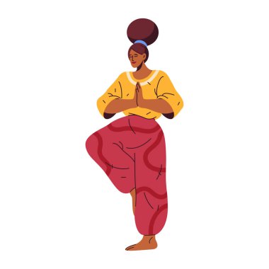 Yoga yapan bir kadın. Ağaç duruşu ya da vrksasana 'daki izole kadın görüntüsü. Aktif meditasyon ya da ruhani jimnastik. Spor egzersizi ve rahatlama duruşu. Aerobik ve spor aktiviteleri