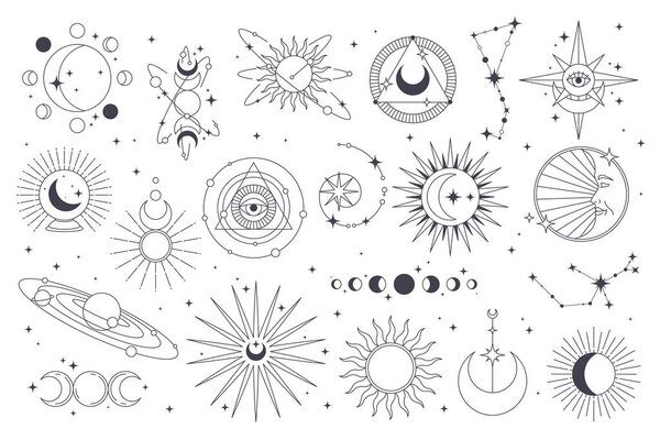 Set of astronomy or astrology icon. Vector celestial or sky sign. Moon and sun, saturn planet and horoscope constellation print. Universe and cosmos, galaxy and lunar label or sticker, design element