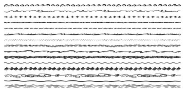 Vektör kalem çizgileri veya el çizimi kalem satırı seti. Tipografi dekorasyonu ya da süs için konturun bölünmesi. Zigzag ve eşkenar dörtgen sınırının altını çiz. El yazısı fırça eğrisi ögesi, çizgi