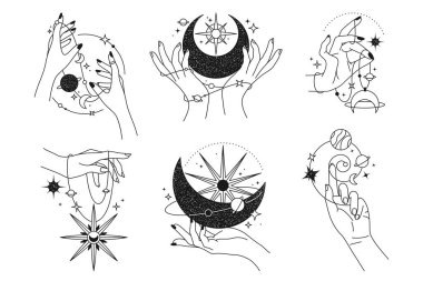 Büyü ve astroloji vektör kümesi, okült ikon. Mistik veya zodyak, tarot ve cadılık için kutsal işaret, esrarengiz tema. Çizgi film tılsımı, tılsım, dövme unsuru. Yıldız ve gezegen