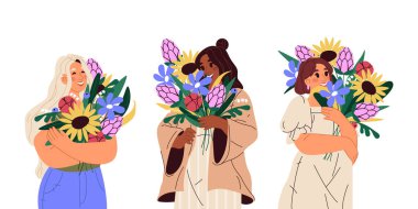 Çiçekli bir grup izole kadın. Buketli vektör anne ya da çiçek hediyeli ya da hediyeli kadın. Bahar ya da uluslararası anne tatili için imza ya da kart tasarımı. Bitki posteri olan çizgi film kadını.