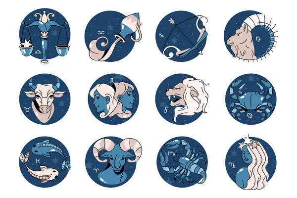 stock vector Set of astrology or zodiac sign. Vector horoscope symbol in space. Pisces and libra, aquarius and sagittarius, aries and capricorn, cancer and gemini, scorpio and virgo, taurus and leo. Astronomy
