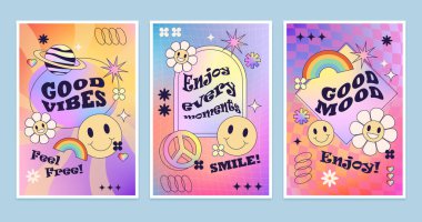 Gradyan saykodelik pankart seti. Gülümseyen, yaz havası ve papatyalı retro posterin vektör arkaplanı. Soyut bulanık vintage fon. Dekorasyon posteri ya da afişi. Kapak veya çerçeve şablonu