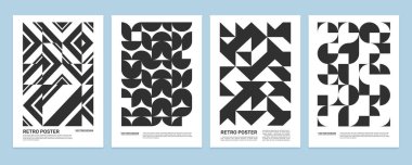 Siyah-beyaz retro geometrik pankart seti. Minimalist geometrik şekilli vektör arkaplanı. Arka plan için üçgen, çizgi ve daire şeklinde. Kart veya işaret için sanat dekorasyonu