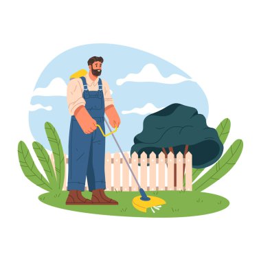 Bahçıvan çim biçiyor. Çim biçme makinesi olan bir bahçe işçisi. Meyve bahçesi ya da bahçe bakımı ya da servis. Bahçıvanlık. Çiftçilik ve bahçıvanlık, tarım