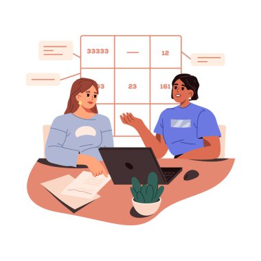 Vektör numerolojist iş yerinde ya da numeroloji servisinde. Psikomatris ya da doğum tarihi numaralarıyla ilgili bir resim. Ezoterik analiz ve uygulama. Geleceğin kehanet mesleği. Kader okuması. Kehanet