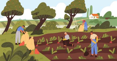 Çiftlikte çalışan insanlar ya da çiftçiler. Meyve ve sebze hasadı. Vektör illüstrasyon ya da afiş. Yaz ya da sonbahar hasat mevsimi. Kırsal alan. Çiftçilik ve tarım teması.