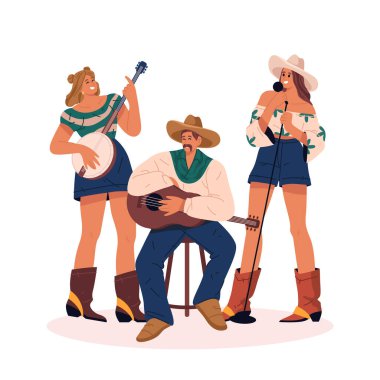 Country grubu ya da batılı halk grubu. Gitarist müzisyen, vokalist ya da şarkıcı, banço müzisyeni olan vektör üçlüsü. Bluegrass konseri için konser sahnesinde canlı müzik sanatçıları. Gösteri topluluğu. Ses