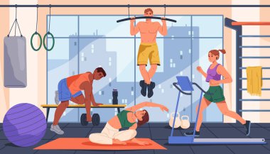 Hipodrom, koşu bandı, barfiks ve dambıl ile vektör jimnastik çizimi. Güç ve yoga esneme, kardiyo ve dayanıklılık, eğitim merkezi. Ekipmanlı spor ve spor merkezi. Spor, sağlık
