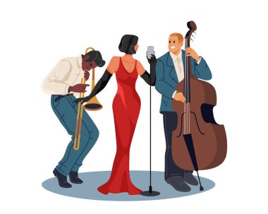 Jazz band or musician trio. Vector musical group at live performance. Ensemble with singer or vocalist, saxman entertainer and double bass performer. Saxophone or sax. Live artist concert or recital clipart