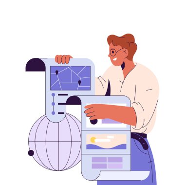 Küre ve haritayla çevrimiçi navigasyon sistemi. GPS izleme ya da rota planlama için vektör pankartı, konum ara. UI tasarımı için seyrüsefer elemanları. İnternet ya da internet coğrafi verileri. Haritalama