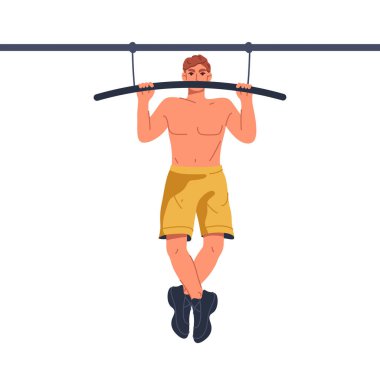 Çizgi filmci, barın üstünde barfiks egzersizi yapar. Vücut ağırlığıyla güç ve dayanıklılık egzersizi. Spor salonunda kol kası eğitimi rutini. Spor ve fiziksel dayanıklılık. Spor ve sağlık treni. Çekim illüstrasyonu