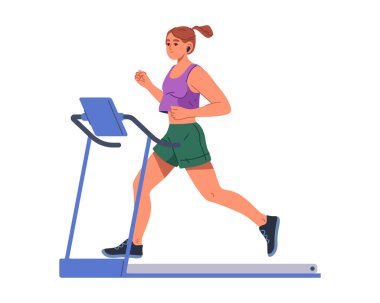 Koşu bandında koşan bir kadın ya da yarış pistinde koşan bir kadın. Vektör kardiyo çalışması ya da fitness eğitimi, kız atlet koşusu. Çizgi film sprinter insan egzersizi. Spor salonu aktivitesi. Koşu yolu