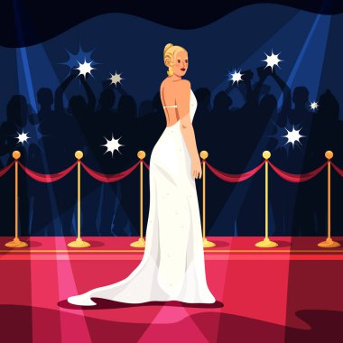 Kırmızı halıdaki model ya da aktris. Moda ya da Hollywood partisinde paparazziler fotoğraf çekerken ünlü olmak için vektör illüstrasyonu. Vip törenindeki kadın ya da kadın ödül töreni. Festival töreni. Kişi pozu