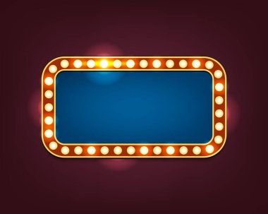 Retro ışık kutusu ya da klasik reklam panosu. Kumarhane ya da film için vektör geçmişi, Broadway tiyatrosu ya da restoran tanıtımı. Vegas için imza ya da tabela. Gece kulübü ya da kulüp işareti. Boş, boş pankart.