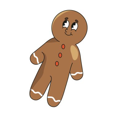 Yeni yıl ve Noel zencefilli çörek ikonu. Kutlama sembolü ya da kremalı ve şekerli bayram kurabiyesi. Mutlu Xmas dekorasyonu ve kış festivali maskotu. Fırın ve pasta, tatlı. Tebrik kartı