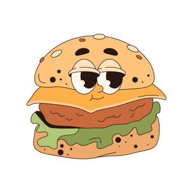 Yüzü olan komik çizgi film burgeri. Vector cheeseburger pop sanatı. Hamburger tabelaları ya da yemek baskısı. Peynirli ve etli abur cubur ya da fast food, çörek. Sağlıksız öğle yemeği etiketi. Menü için komik maskotlu poster baskısı