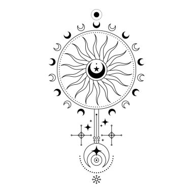 Güneşli ve aylı mistik uzay işareti. Astronomi veya astroloji sembolü için vektör hilal. Göksel elementlerle gizem ve simya işareti. Ay tarot kartı. Antik ve esrarengiz, klasik okült tarzı.