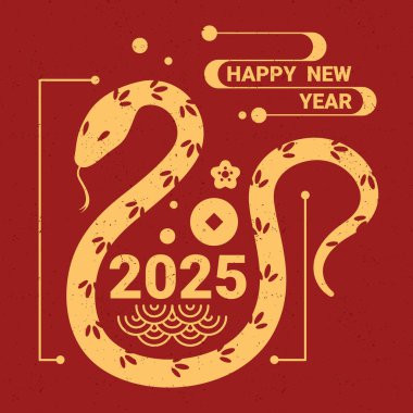 Mutlu yıllar 2025. Doğu tarzında vektör tebrik kartı ya da afiş. Kırmızı arka planda yılan sembolü. Çin Yeni Yılı Zodiac 'ı. Yılın rakamları ve dekorasyonlarıyla sürüngen silueti..