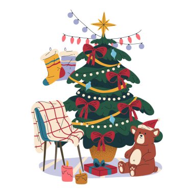 Noel arkaplanı ya da yeni yıl için ev dekoru pankartı. Vektör festival kartı. Kış sıcacık iç mekan ya da stüdyo fotoğraf bölgesi kompozisyonu. Hediyeler ve hediyelerle süslenmiş köknar ağacı. Yeni yıl dekorasyonları.