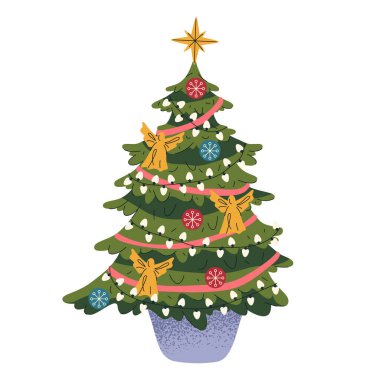 Bir saksıda ya da saksıda Noel ağacı ikonu. Arkaplanda vektör etiketi ya da işaret izole edildi. Oyuncak melekler, toplar ve ışıklarla süslenmiş yeni yıl ağacı. Geleneksel doğal ya da sahte tatil dekoru.