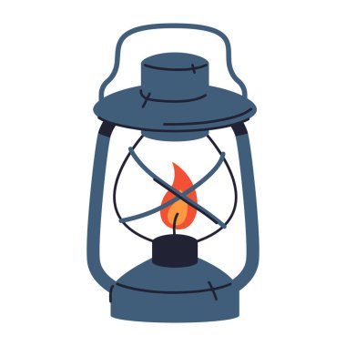 Bir yağ feneri ikonu ya da lamba işareti. Vektör izole edilmiş çıkartma ya da klip sanatı. Gazyağı lambası hafif bir ekipman ya da ev dekoru ürünü. Antika metalik fener asılıyor. Alevli klasik ışıklandırma aygıtı.