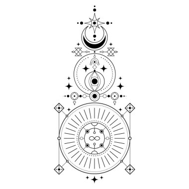 Vektör uzayı sembolü ya da astronomi işareti. Astroloji elementleri ya da kozmos kartı. Göksel rozetin esrarengiz ve yıldız falı tasarımı. Hilal, ay ve yıldız. Kutsal ya da gizli unsur. Evren veya okült dövme