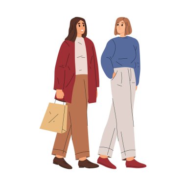 Yürüyen ya da alışveriş yapan iki kadın. Gezintideki ya da sohbetteki vektör insanlar, dükkandaki ya da dükkandaki çantalı çizgi film arkadaşları. Açık hava eğlencesi ya da şehir modası, kadın eğlencesi ve rahatlama, sosyal tema