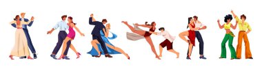 Çift dansı ya da çift dansının vektör koleksiyonu. Rumba veya balo odası rhumba, romantik tango ve duygusal bachata, klasik vals ve modern ayak hareketleri, disko. Koreografi ve müzik ritmi.
