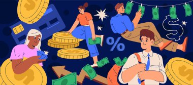 Para arkaplanı ya da vektör ekonomik fon. Mali ya da finans, parasal ve bankacılık afişi. Kriz ve mali tasarruf, kazanç ve servet, nakit ve banknot, kar, mevduat, borç için imza. Ekonomi.