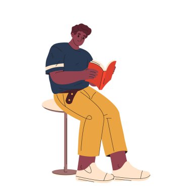 Oturan erkek kitap okuyor ya da vektör adam edebiyat okuyor. Eğitimli biri için imza. Okul ve üniversite, ev veya kütüphane eğitimi. Bilgi aktivitesi ve boş zaman. Erkek ya da erkek teması öğrenmek