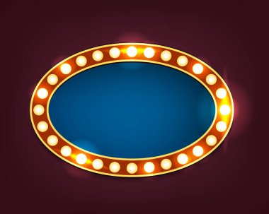 Oval retro işareti ya da metin için vektör billboard. Boş ya da boş afiş. Gösteri reklamı için arka plan. Aydınlatılmış ışık kutusu ya da sinema ya da kumarhane reklam panosu. Kulüp için sahne tabelası. Terfi çerçevesi