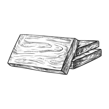 Tahta yığını. Tahta parçaları ya da kereste parçalarının vektör çizimi. Kesilmiş oduncu parke ya da doğal odun yakıtı. Kereste çubuğu ya da mantar yığını. Yakacak odun yığını el çizimi. Gerçekçi ağaç parçası