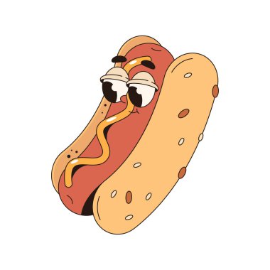 Yüzü ve gözleri olan bir sosisli sandviç karakteri. Pop sanat tarzında hardallı çizgi film sosislisi. Menü ya da pankart için çörek ve sosisli basın. Çizgi roman için fast food karakteri. Ye ve ye..