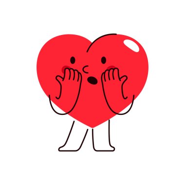 Eğlenceli duyguları olan bir kalp karakteri. Vektör izole edilmiş aşk emojisi. Sevgili tabelası ya da Sevgililer Günü kartı. Bağlılık sembolü ya da romantik poster. Romantik tatil ya da şenlikli tasarım. Düğün..