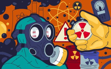 Radyasyon ve nükleer santral tehlike pankartı. Radyoaktif kirlenme, endüstriyel riskler, atomik güç güvenliği hakkında uyarmak için vektör klipsi. Dikkat, acil durum alarmı, çevre koruma.