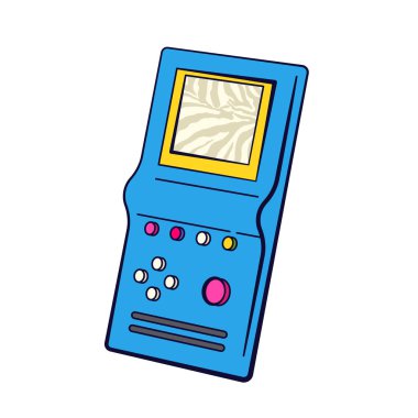 El bilgisayarı mavi tetris ikonu ya da tuğla oyunu izole vektörü. Eski oyun sahası ya da taşınabilir oyun salonu. Oyun için 90 'ların plastik oyuncağı. Çocukluk ve nostalji elektronik bulmaca. Oyuncu ve oyuncu ekranı. Pop sanat.