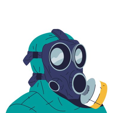 Gaz maskeli ve tehlikeli kostümlü bir kafa. Tehlike ortamı için koruyucu solunum cihazının ve tehlikeli teçhizatın temsili çizimi. Güvenlik ve kirlilik, biyolojik tehlike acil durumu. Sanayi bölgesi koruması.