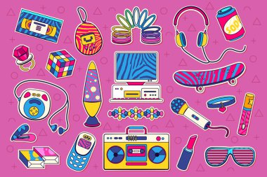 Bir dizi nostaljik 90 'ların vektör ikonu. Popüler sanat simgesi ya da milenyum ya da Y kuşağı için klitoris. Sinsi ve video kaset, rubik küp ve tamagotchi, bilgisayar ve ses oynatıcı, televizyon ve kaykay. Doksanlar on yıl.
