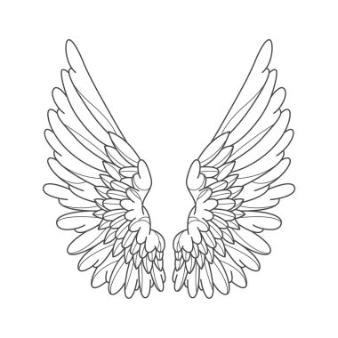 Dekoratif melek kanatları izole edilmiş. Kanatlı kuş elementi için vektör çizgisi. İlham, ilahi, kutsal ve ruhani maskot işareti. Ortaçağ kraliyet veya efsanevi melek dövmesi. Göksel süs