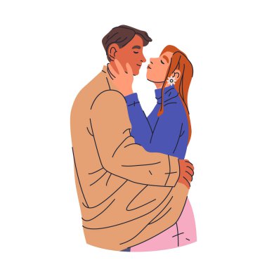 Vektör öpüşme çifti. Romantik insanlar öpüşür. Aşk ve sevgi, romantik duygu. Tutku ve ilgi dolu bir ilişki. Erkek ve kadın kaynaşıyor. İçten bir an. Samimiyet ve birliktelik, sıcak tema.