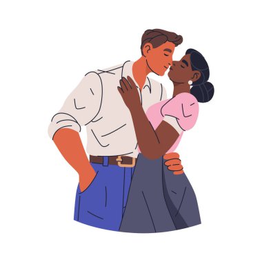 Çoklu kültürel öpüşme çifti. Sevgi dolu bir çift öpüşme. Sevgi ve tutku, yakınlık ve sevgililer günü için sevgili çizimi veya sevgi dolu bir ilişki. Şefkat ve bağlantı, birliktelik..